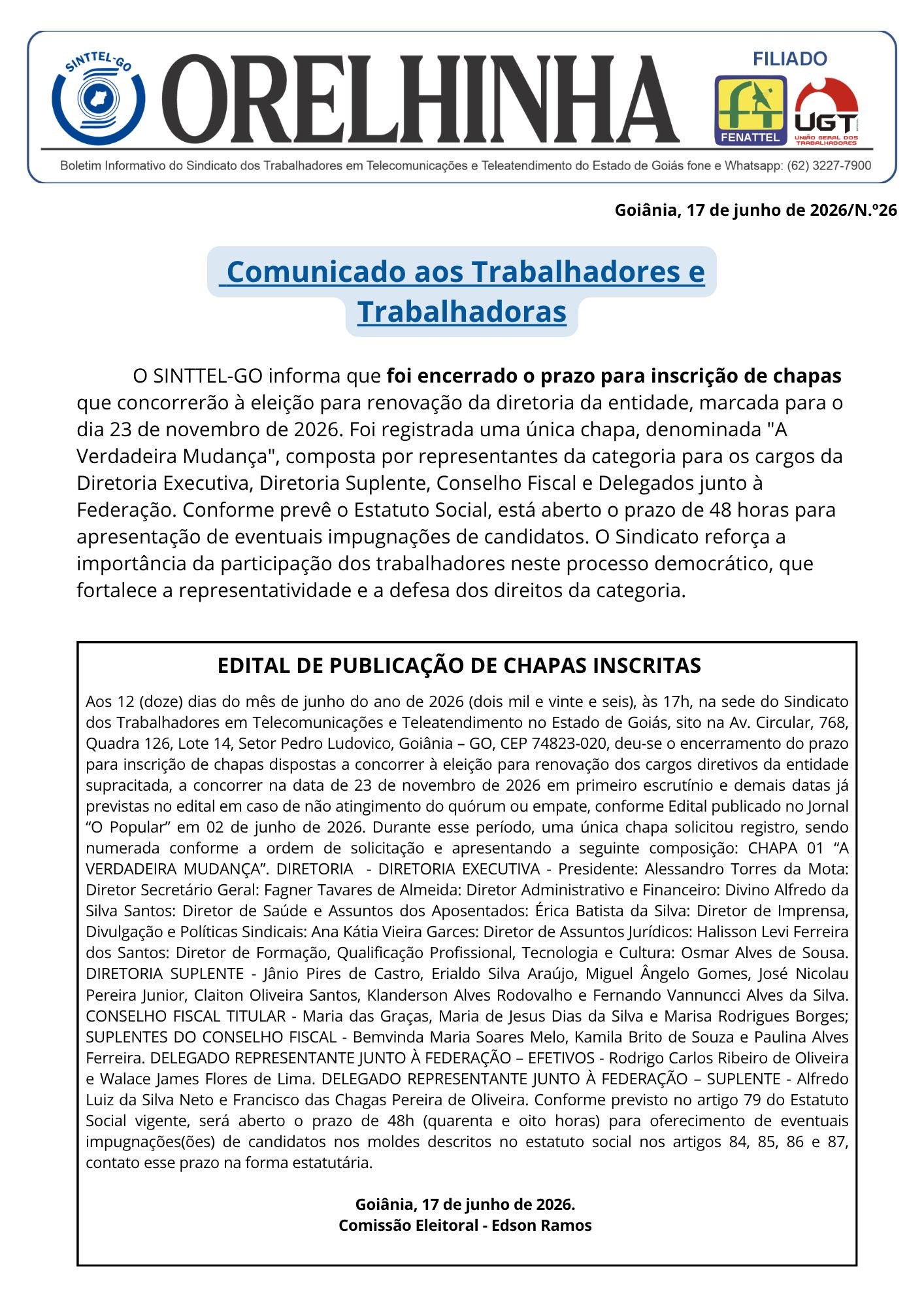 Edital de Publicacao de Chapas Inscritas
