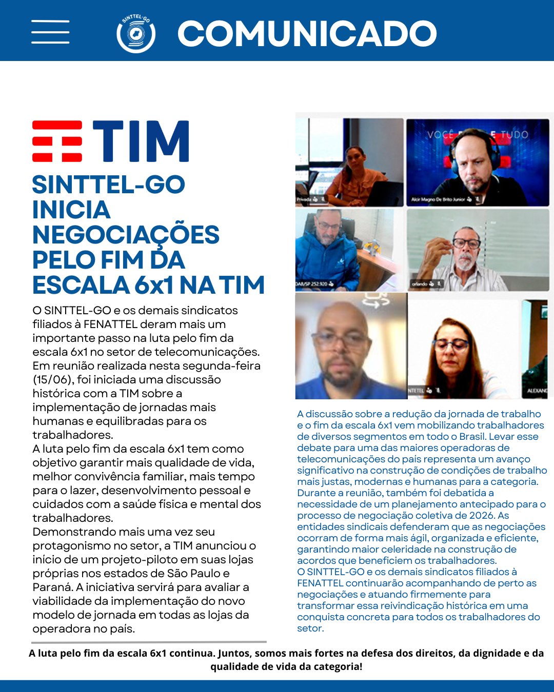 Fim da Escala 6x1 — SINTTEL-GO inicia negociações na TIM